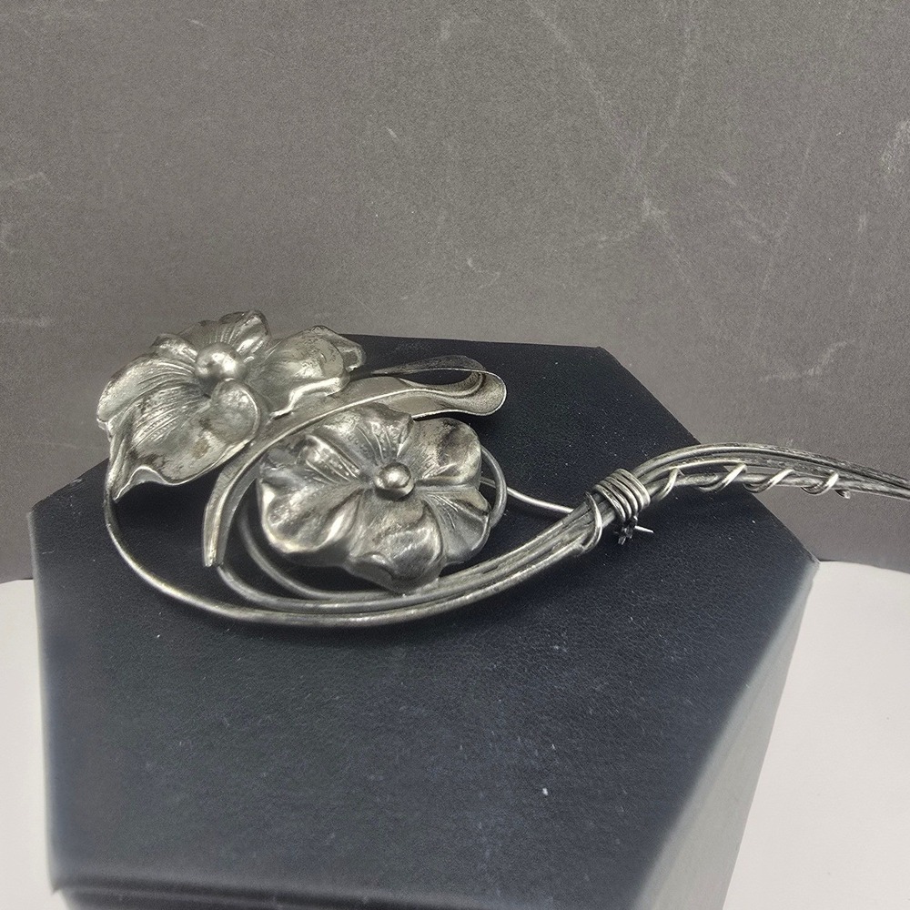 Vintage Estate Brooch Sterling Silver Pansy Floral Wire Wrapped Large 3.75in